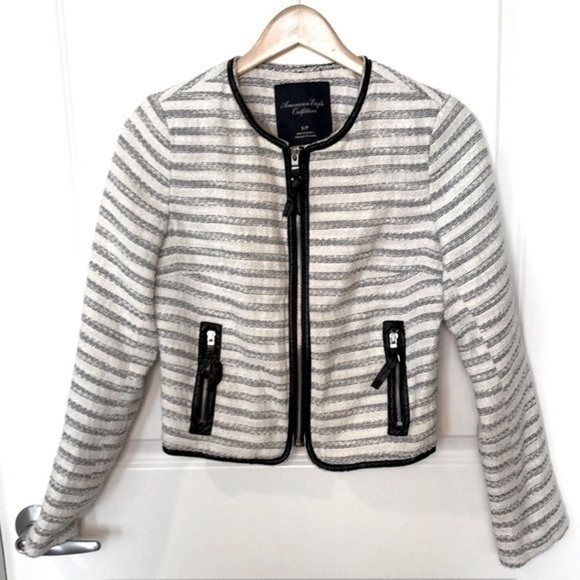 American Eagle Outfitters Jackets & Blazers - AMERICAN EAGLE | Women’s American Eagle Tweed Navy + Gold Sparkle Stripe Blazer